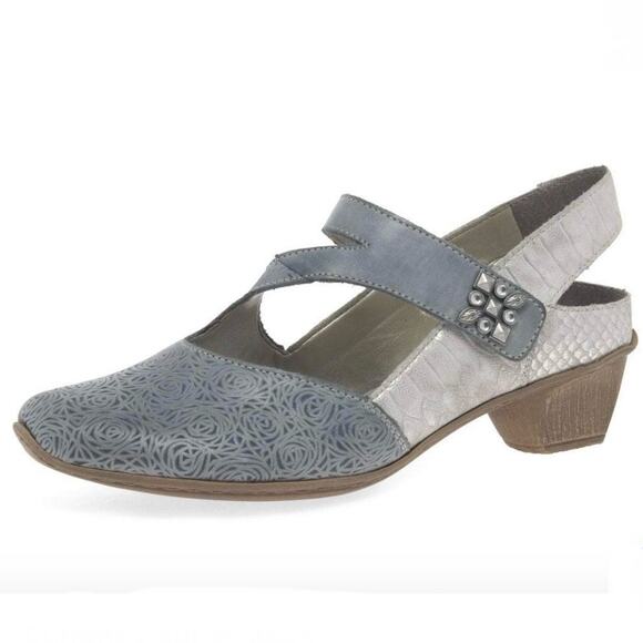 RIEKER | Mirjam Kitten Heel Mary Jane Rose Snake Print Leather Gray | 38, US 7.5 - Picture 1 of 11